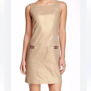 Tahari Vinny natural Gold sleeveless Linen midi dress size 10